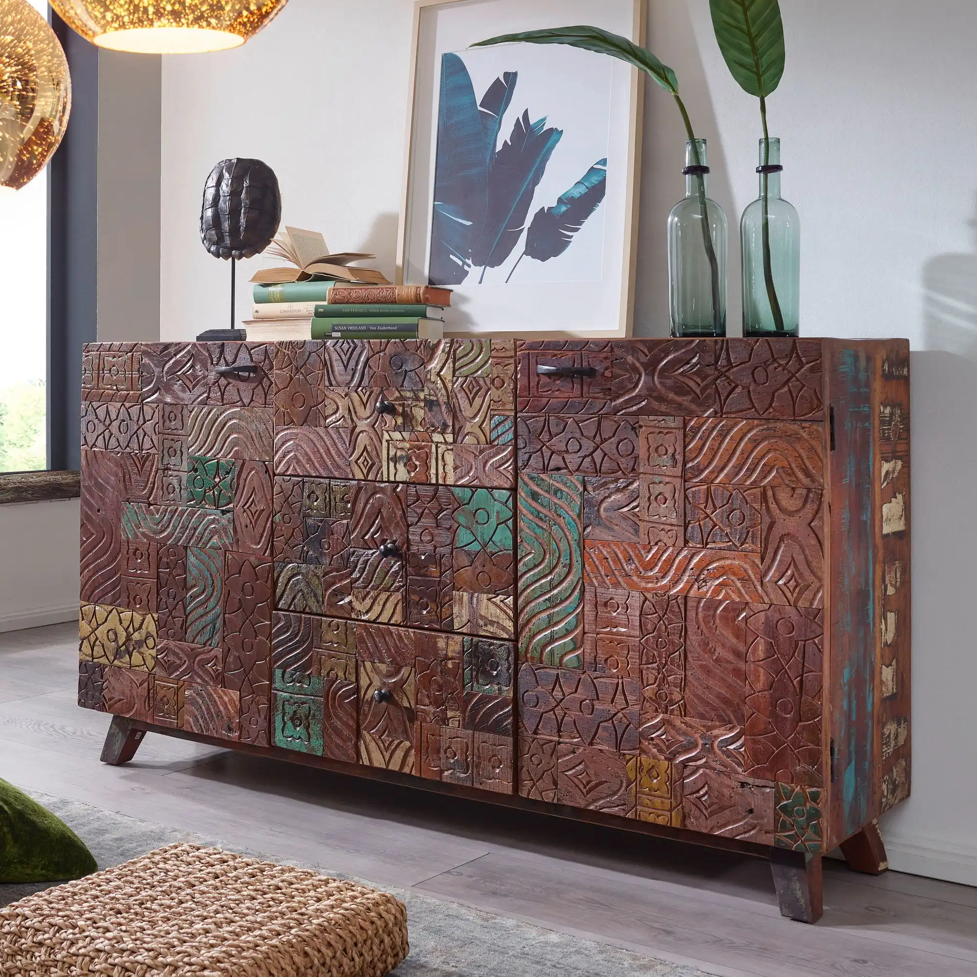 Reclaimed Wood Carved Blocks Sideboard with 2 Doors & 3 Drawers
(Knock Down) - popular handicrafts